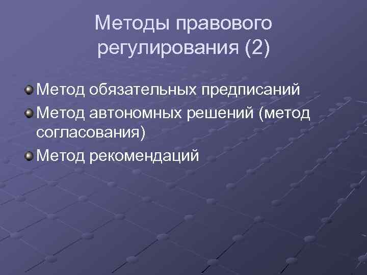 Методы правового регулирования (2) Метод обязательных предписаний Метод автономных решений (метод согласования) Метод рекомендаций