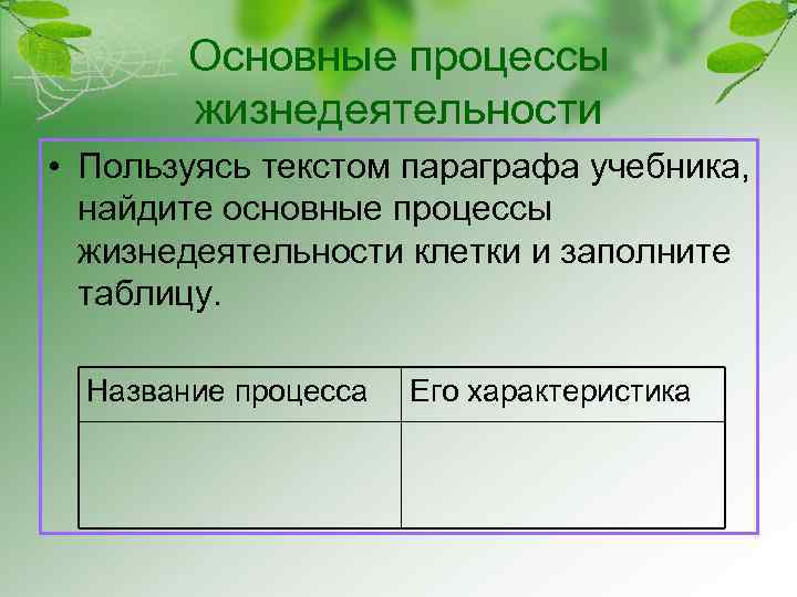 Основные процессы жизнедеятельности • Пользуясь текстом параграфа учебника, найдите основные процессы жизнедеятельности клетки и