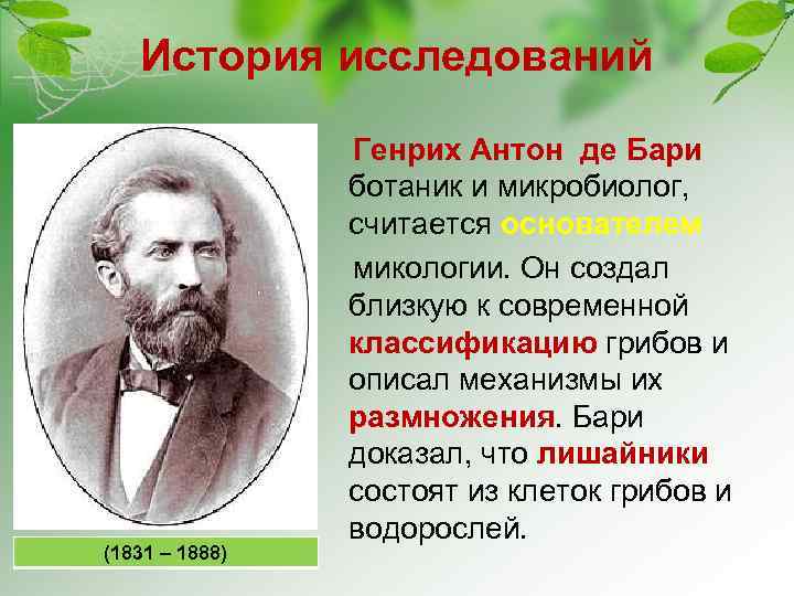 История исследований (1831 – 1888) Генрих Антон де Бари ботаник и микробиолог, считается основателем