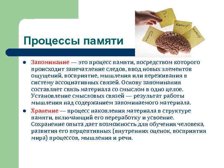 Процессы памяти l l Запоминание — это процесс памяти, посредством которого происходит запечатление следов,