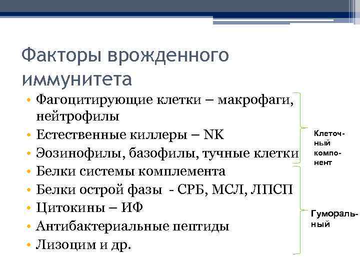 Факторы врожденного иммунитета • Фагоцитирующие клетки – макрофаги, нейтрофилы • Естественные киллеры – NK