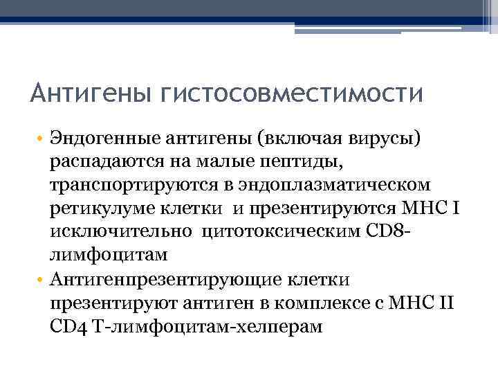 Антигены гистосовместимости • Эндогенные антигены (включая вирусы) распадаются на малые пептиды, транспортируются в эндоплазматическом