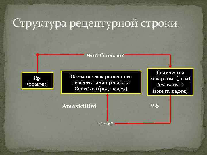 Структура рецептурной строки. Что? Сколько? Rp: (возьми) Название лекарственного вещества или препарата Genetivus (род.