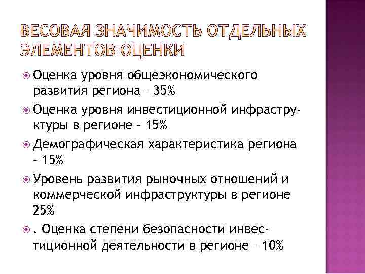  Оценка уровня общеэкономического развития региона – 35% Оценка уровня инвестиционной инфраструктуры в регионе