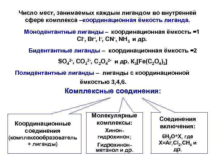 Число мест, занимаемых каждым лигандом во внутренней сфере комплекса –координационная ёмкость лиганда. Монодентантные лиганды