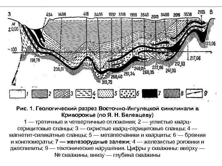 Рис. 1. Геологический разрез Восточно-Ингулецкой синклинали в Криворожье (по Я. Н. Белевцеву) 1 —