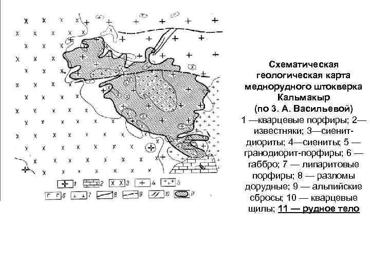Схематическая геологическая карта меднорудного штокверка Кальмакыр (по 3. А. Васильевой) 1 —кварцевые порфиры; 2—