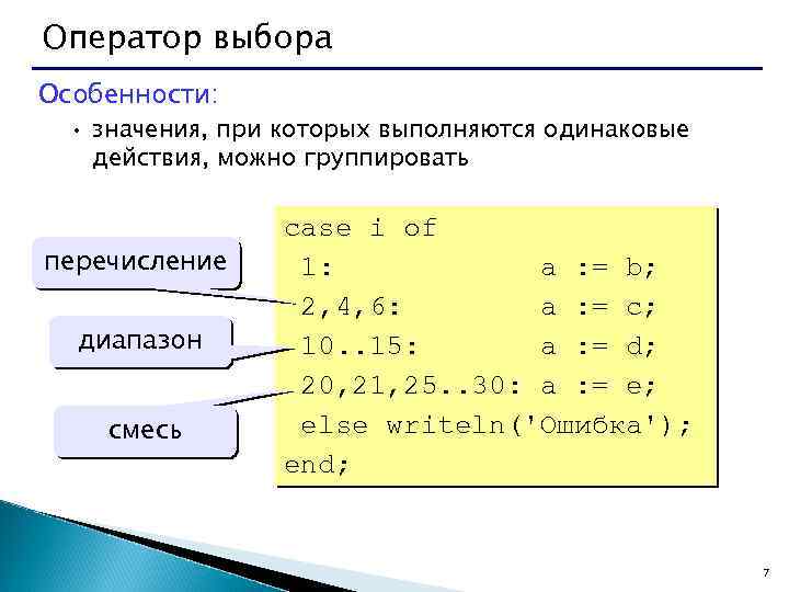Оператор выбора Особенности: • значения, при которых выполняются одинаковые действия, можно группировать перечисление диапазон