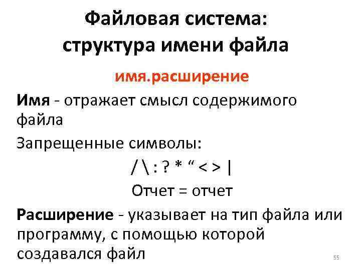 Файловая система: структура имени файла имя. расширение Имя - отражает смысл содержимого файла Запрещенные