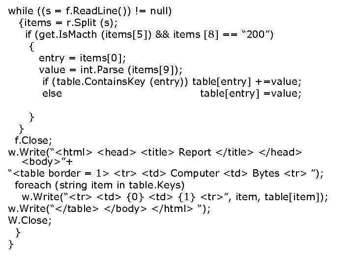 while ((s = f. Read. Line()) != null) {items = r. Split (s); if
