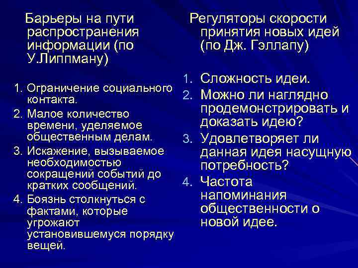 Барьеры на пути распространения информации (по У. Липпману) Регуляторы скорости принятия новых идей (по