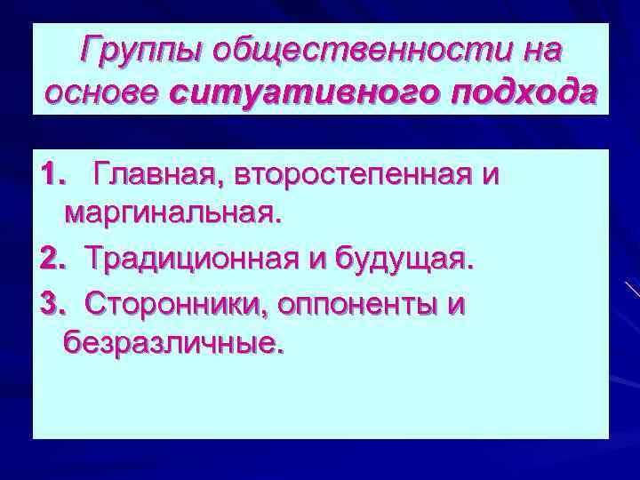 Группы общественности на основе ситуативного подхода 1. Главная, второстепенная и маргинальная. 2. Традиционная и