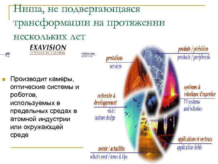 Ниша, не подвергающаяся трансформации на протяжении нескольких лет n Производит камеры, оптические системы и