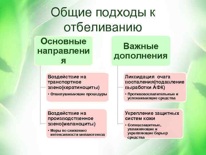 Общие подходы к отбеливанию Основные направлени я Важные дополнения Воздействие на транспортное звено(кератиноциты) Ликвидация