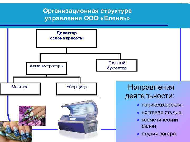 Организационная структура управления ООО «Елена» » Директор салона красоты Главный бухгалтер Администраторы Мастера Уборщица