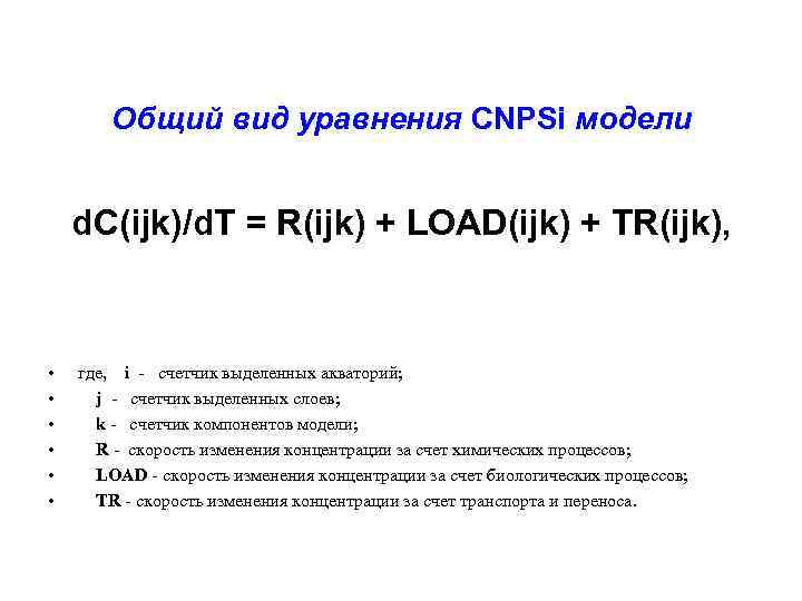 Общий вид уравнения СNPSi модели d. C(ijk)/d. T = R(ijk) + LOAD(ijk) + TR(ijk),