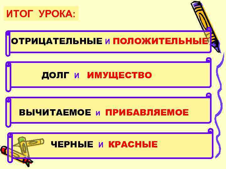 ИТОГ УРОКА: ОТРИЦАТЕЛЬНЫЕ И ПОЛОЖИТЕЛЬНЫЕ ДОЛГ И ИМУЩЕСТВО ВЫЧИТАЕМОЕ И ПРИБАВЛЯЕМОЕ ЧЕРНЫЕ И КРАСНЫЕ