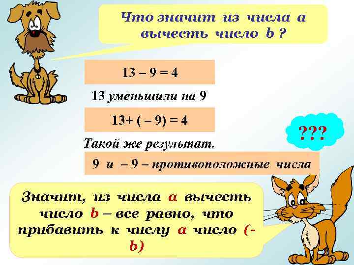 Что значит из числа а вычесть число b ? 13 – 9 = 4