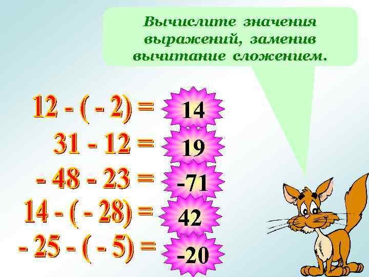 Вычислите значения выражений, заменив вычитание сложением. 14 19 -71 42 -20 