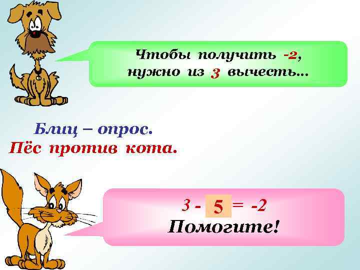 Чтобы получить -2, нужно из 3 вычесть… Блиц – опрос. Пёс против кота. 3