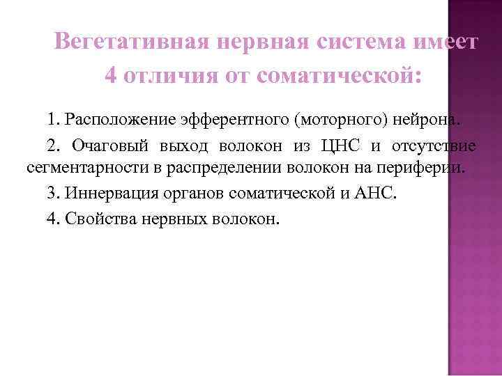 Вегетативная нервная система имеет 4 отличия от соматической: 1. Расположение эфферентного (моторного) нейрона. 2.