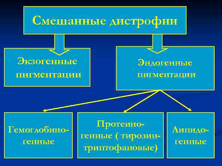 Смешанные дистрофии Экзогенные пигментации Гемоглобиногенные Эндогенные пигментации Протеиногенные ( тирозинтриптофановые) Липидогенные 