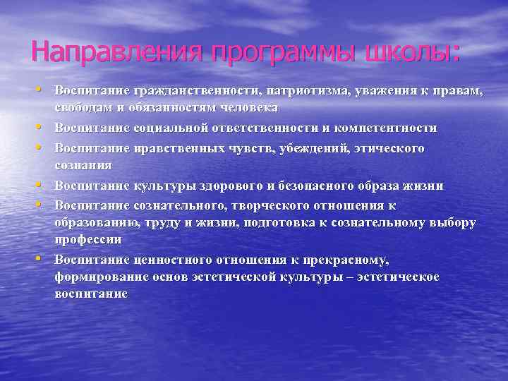 Направления программы школы: • Воспитание гражданственности, патриотизма, уважения к правам, • • • свободам