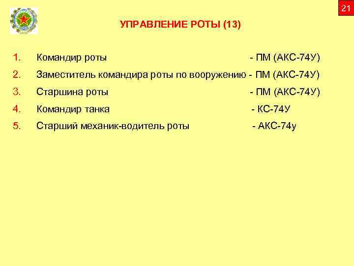 21 УПРАВЛЕНИЕ РОТЫ (13) 1. Командир роты 2. Заместитель командира роты по вооружению -