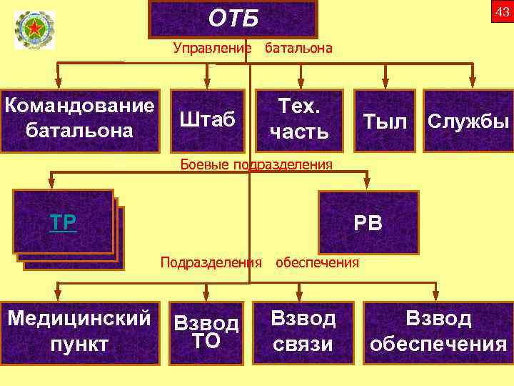 ОТБ 43 Управление батальона Командование батальона Штаб Тех. часть Тыл Службы Боевые подразделения ТР
