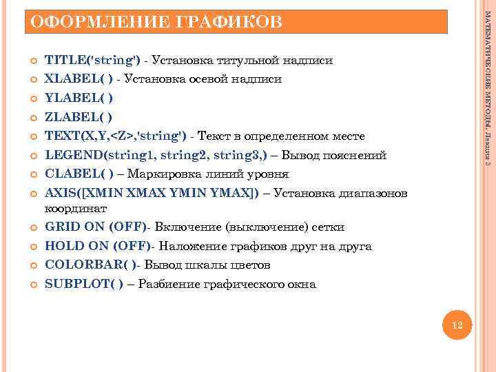 МАТЕМАТИЧЕСКИЕ МЕТОДЫ. Лекция 3 ОФОРМЛЕНИЕ ГРАФИКОВ TITLE('string') - Установка титульной надписи XLABEL( ) -
