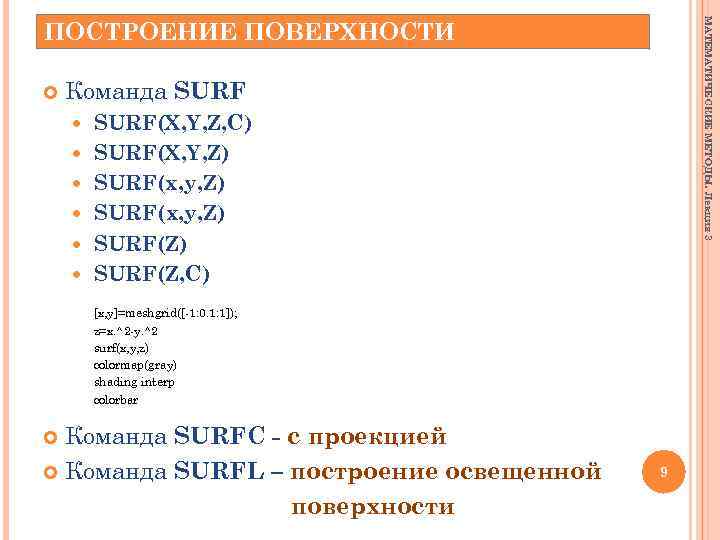 МАТЕМАТИЧЕСКИЕ МЕТОДЫ. Лекция 3 ПОСТРОЕНИЕ ПОВЕРХНОСТИ Команда SURF SURF(X, Y, Z, C) SURF(X, Y,