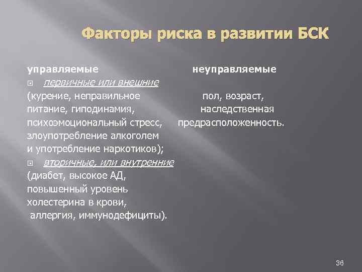 Факторы риска в развитии БСК управляемые первичные или внешние (курение, неправильное питание, гиподинамия, психоэмоциональный