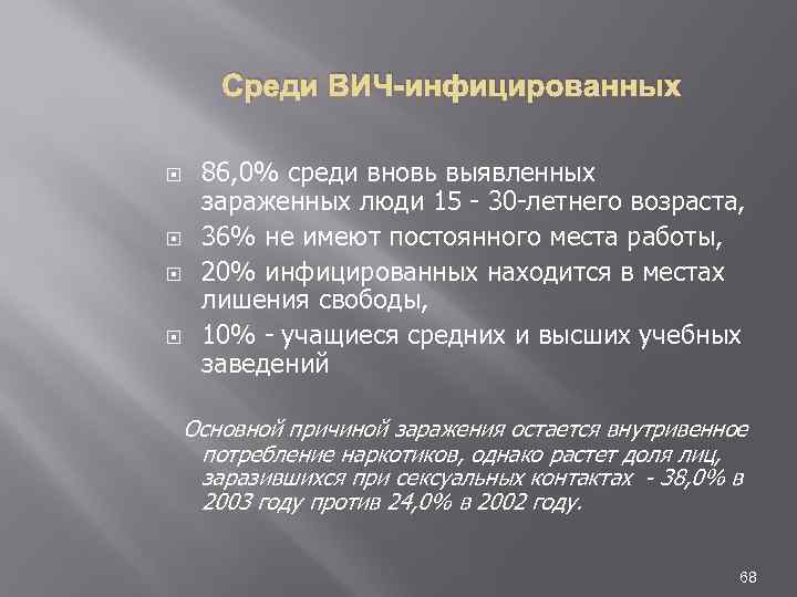 Среди ВИЧ инфицированных 86, 0% среди вновь выявленных зараженных люди 15 30 летнего возраста,