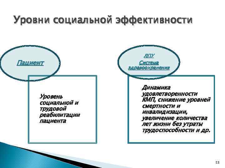 Уровни социальной эффективности Пациент Уровень социальной и трудовой реабилитации пациента ЛПУ Система здравоохранения Динамика