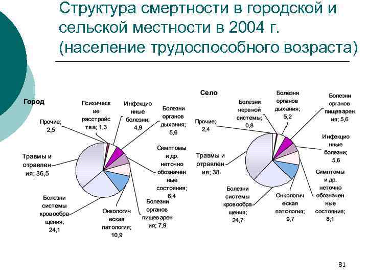 Структура смертности в городской и сельской местности в 2004 г. (население трудоспособного возраста) 81