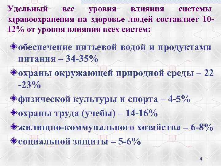 Удельный вес уровня влияния системы здравоохранения на здоровье людей составляет 1012% от уровня влияния