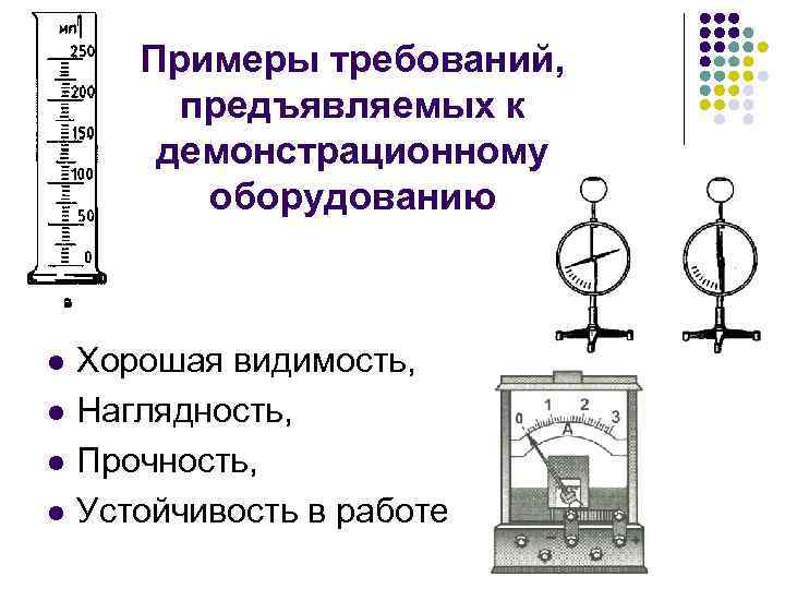 Примеры требований, предъявляемых к демонстрационному оборудованию l l Хорошая видимость, Наглядность, Прочность, Устойчивость в