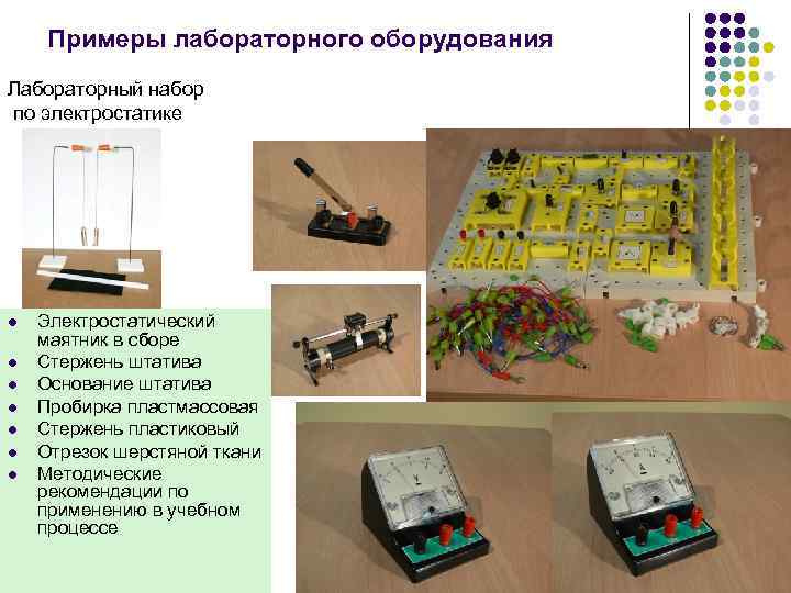 Примеры лабораторного оборудования Лабораторный набор по электростатике l l l l Электростатический маятник в