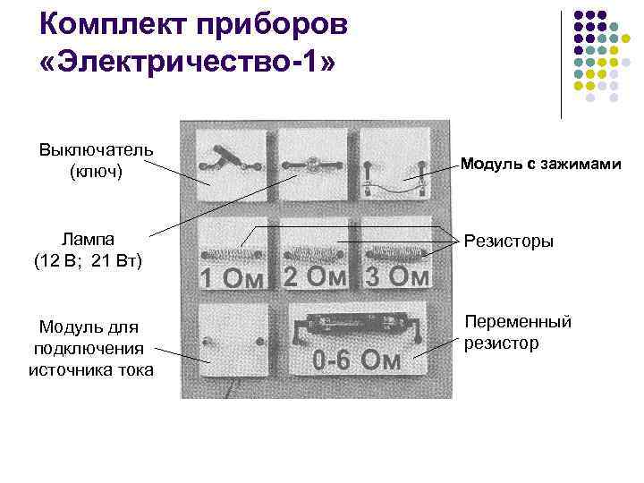 Комплект приборов «Электричество-1» Выключатель (ключ) Лампа (12 В; 21 Вт) Модуль для подключения источника
