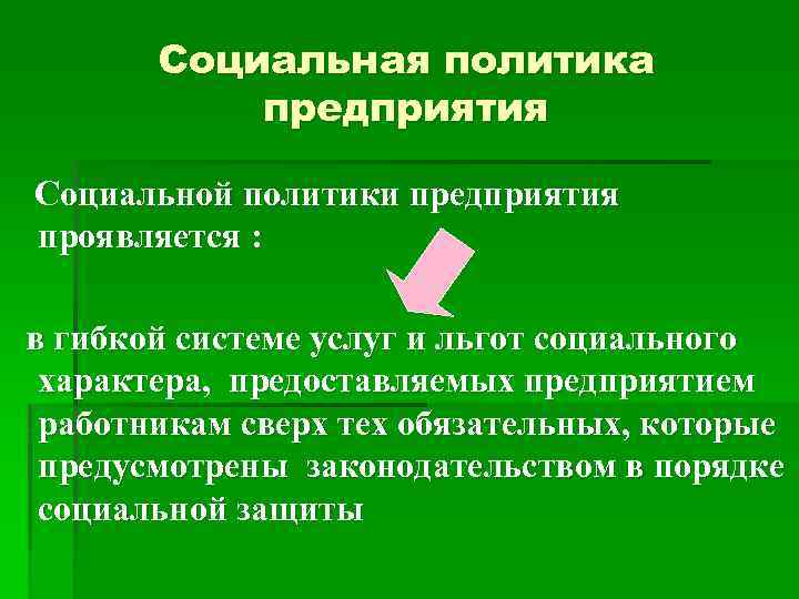 Социальная политика предприятия Социальной политики предприятия проявляется : в гибкой системе услуг и льгот