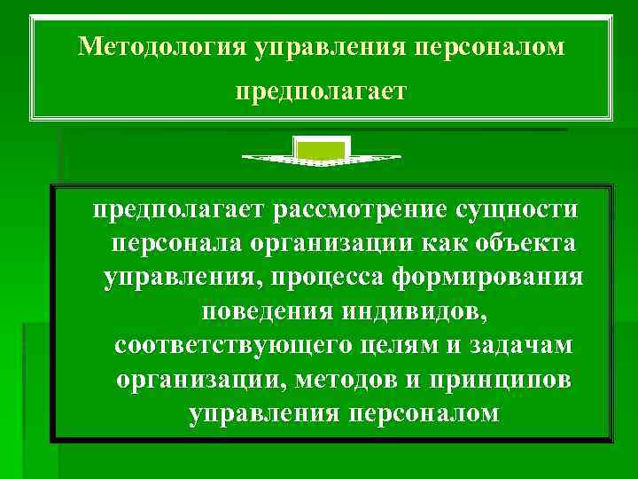 Методология управления персоналом предполагает рассмотрение сущности персонала организации как объекта управления, процесса формирования поведения