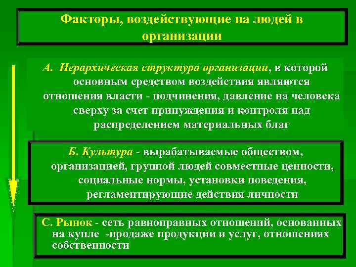 Факторы, воздействующие на людей в организации А. Иерархическая структура организации, в которой основным средством