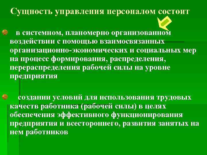 Сущность управления персоналом состоит в системном, планомерно организованном воздействии с помощью взаимосвязанных организационно-экономических и