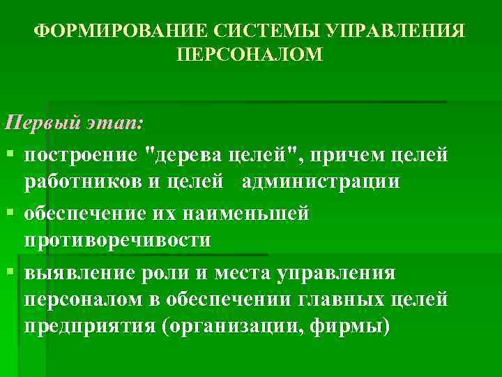ФОРМИРОВАНИЕ СИСТЕМЫ УПРАВЛЕНИЯ ПЕРСОНАЛОМ Первый этап: § построение 