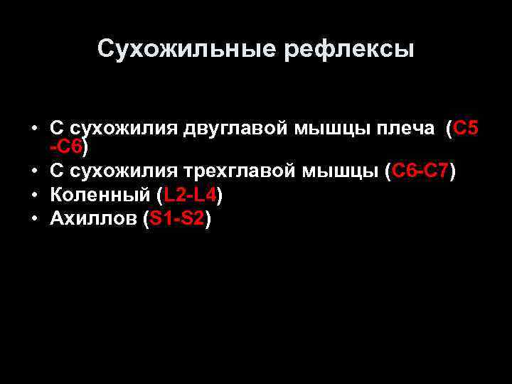 Сухожильные рефлексы • С сухожилия двуглавой мышцы плеча (С 5 -С 6) • С