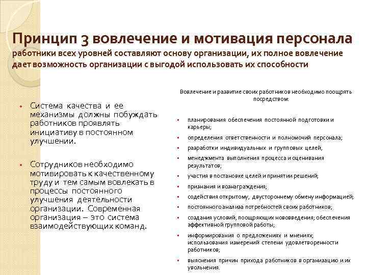 Принцип 3 вовлечение и мотивация персонала работники всех уровней составляют основу организации, их полное