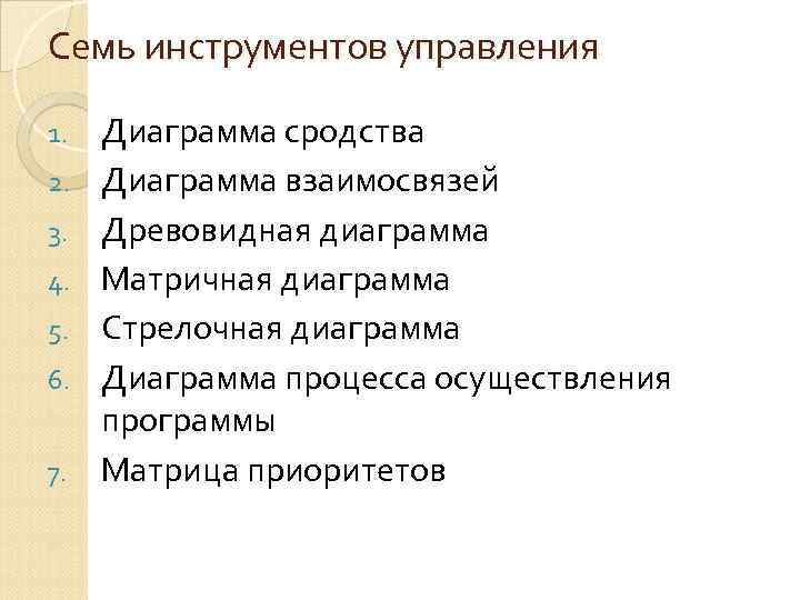 Семь инструментов управления 1. 2. 3. 4. 5. 6. 7. Диаграмма сродства Диаграмма взаимосвязей