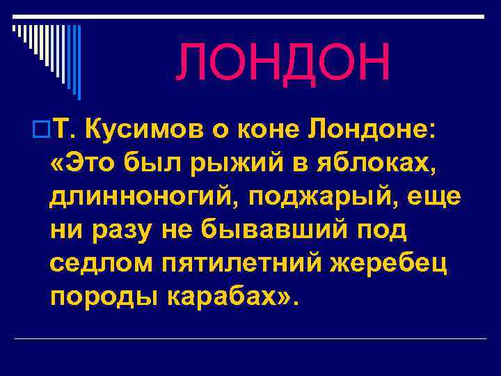 ЛОНДОН o. Т. Кусимов о коне Лондоне: «Это был рыжий в яблоках, длинноногий, поджарый,
