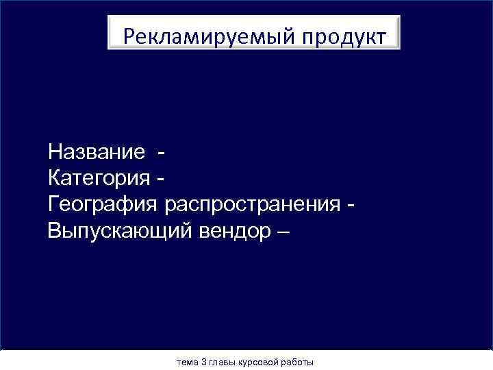 Рекламируемый продукт Название - Категория - География распространения - Выпускающий вендор – тема 3