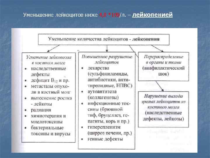 Уменьшение лейкоцитов ниже 4, 0 *109/л. – лейкопенией 